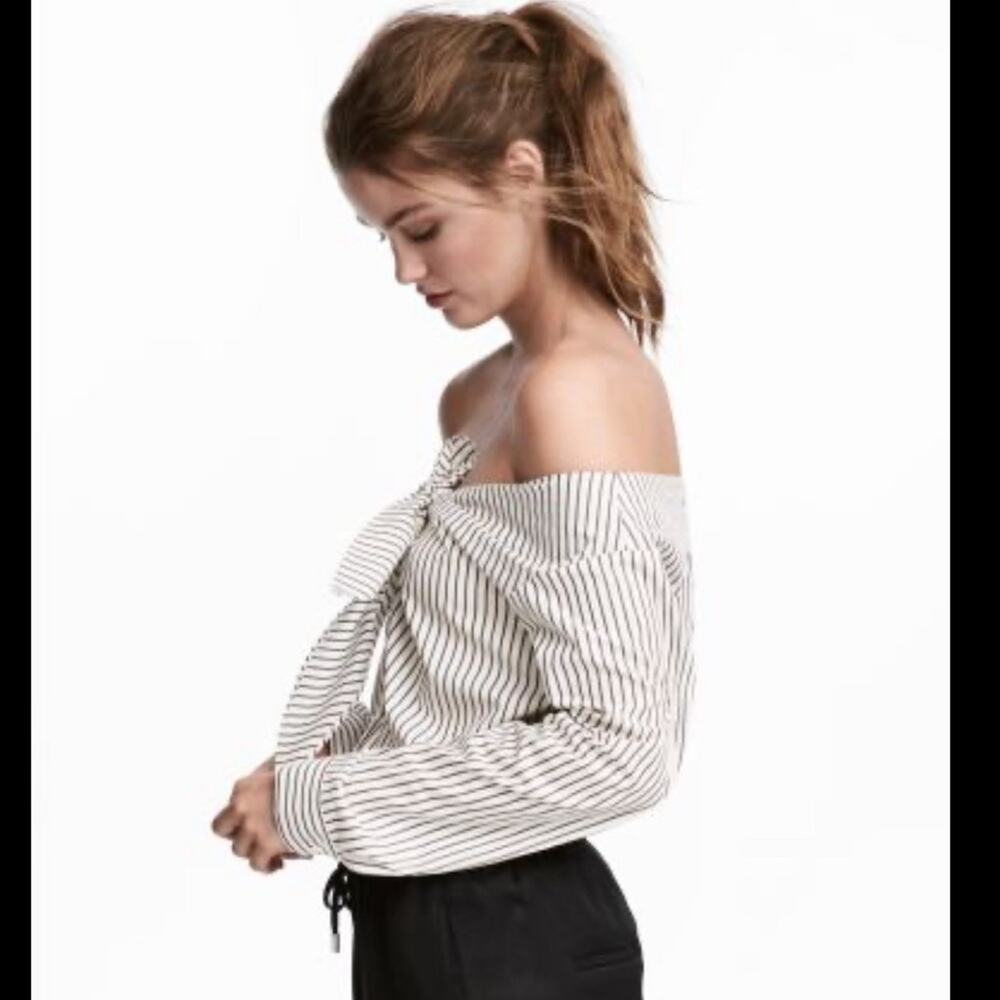 H&M Striped Off Shoulder Tie Front Blouse